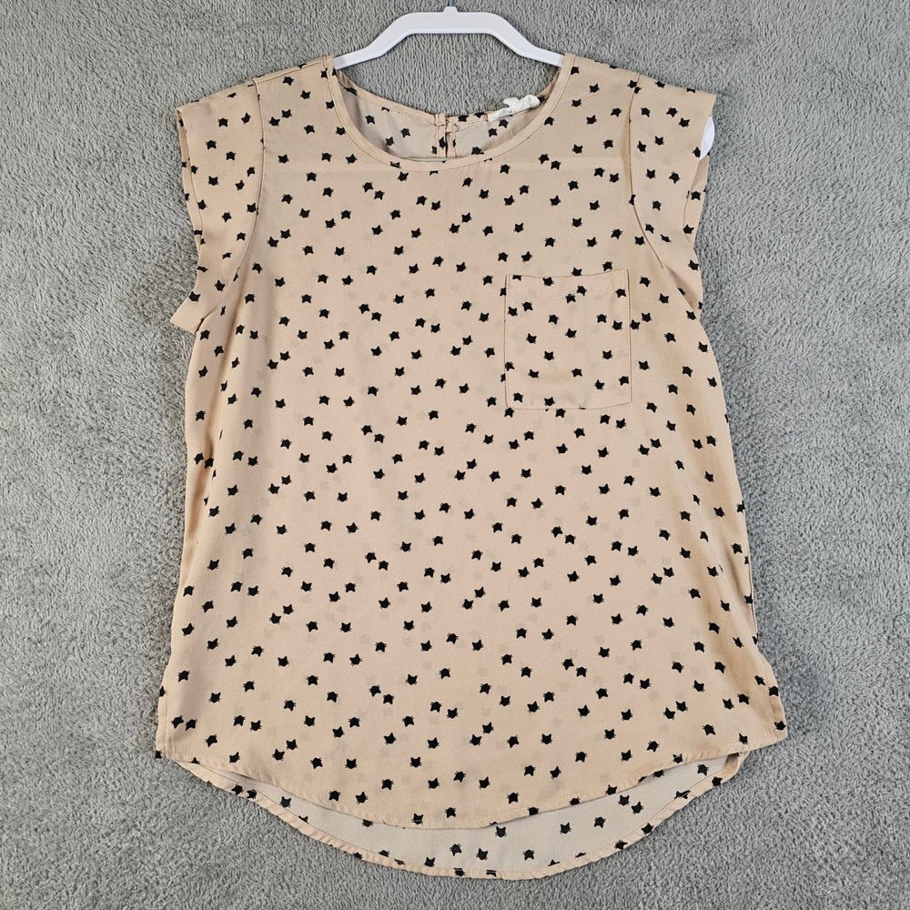 Daisy‎ May Tan Black Cat Print Sleeveless Blouse Small